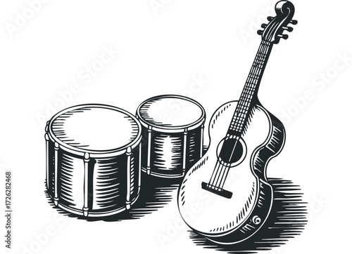 Acoustic guitar and drums in linocut style. Vector hand drawn illustration