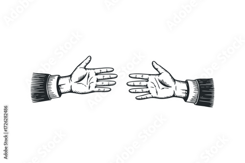 Woodcut Engraving of Two Open Hands Reaching. Vector hand drawn illustration