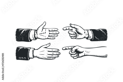 Four hands gesture pointing and open palms. Vector hand drawn illustration