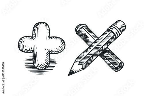 Hand drawn plus and multiplication symbols with pencils. Vector hand drawn illustration