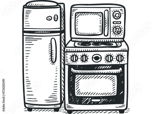 Black and white sketch of refrigerator and stove with microwave. Vector hand drawn illustration