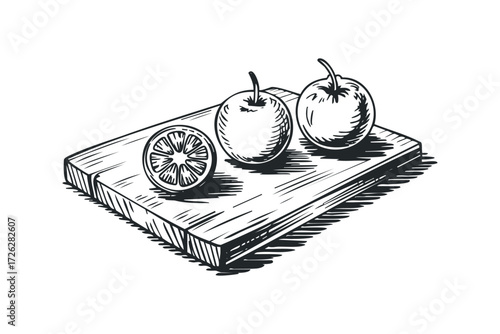 Line drawing of three apples and a citrus slice on a wooden board. Vector hand drawn illustration