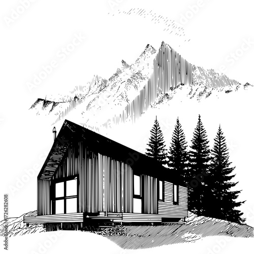 Cabin in the woods mountain view illustration black and white landscape nature scenic retreat drawing art 100