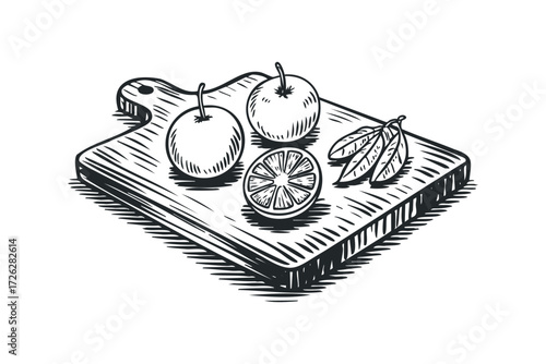 Hand-drawn sketch of apples and citrus fruit on a wooden board. Vector hand drawn illustration