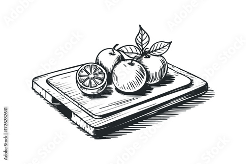 Hand-drawn fruit on wooden board. Vector hand drawn illustration