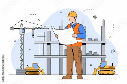 A flat illustration depicting a construction job, showing an engineer's professional activity of reviewing blueprints on a building site