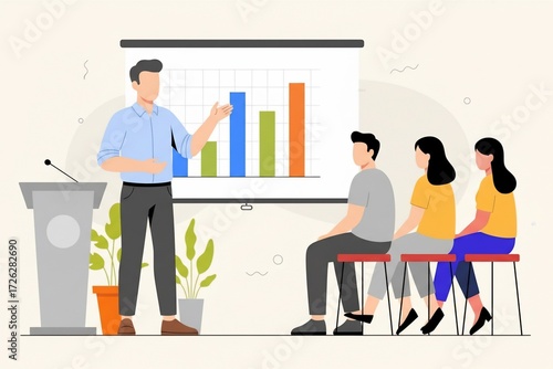 Vibrant flat illustration capturing a business activity a professional conducting a presentation as part of their job, engaging an audience in a dynamic learning environment