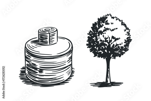 Textured cylindrical object beside a stylized tree. Vector hand drawn illustration