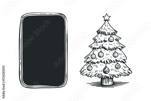 Sketch of decorated Christmas tree next to blank slate. Vector hand drawn illustration