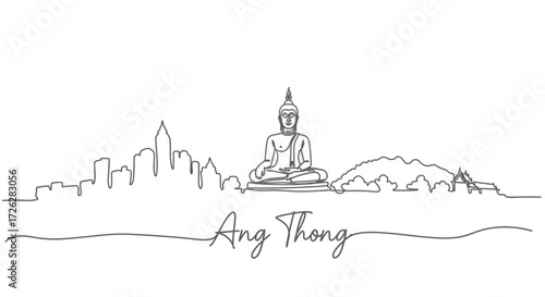 Ang Thong Skyline with Buddha Statue and Temple Line Art