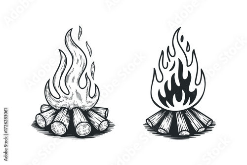 Wood logs burning with flame. Vector hand drawn illustration