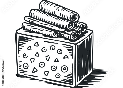 Hand-drawn depiction of wafer rolls stacked on a decorated cube. Vector hand drawn illustration
