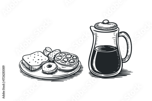 Breakfast plate with toast and pitcher of dark liquid. Vector hand drawn illustration
