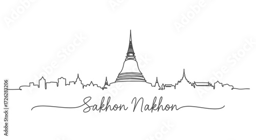 Nakhon Sakhon Skyline Line Art with Calligraphy Text