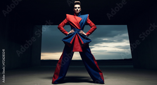 Avant-Garde Fashion Statement A Striking Red and Blue Ensemble
