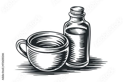 Stylized Beverage Cup and Bottle. Vector hand drawn illustration