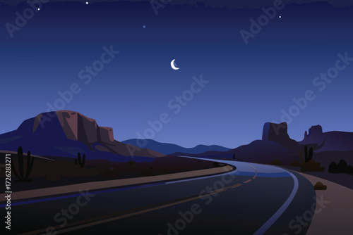Desert landscape with winding road under a starry night sky