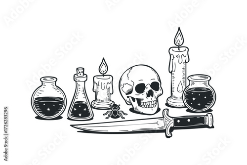 Mysterious collection of Halloween icons including skull, potion, and dagger. Vector hand drawn illustration