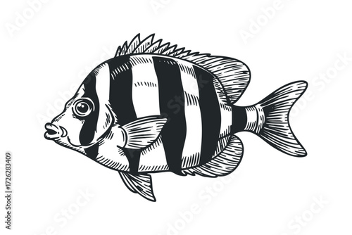 Striped Fish Aquatic Life. Vector hand drawn illustration