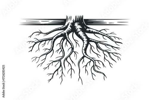 Tree Roots Network Branching Out Abstract Design. Vector hand drawn illustration