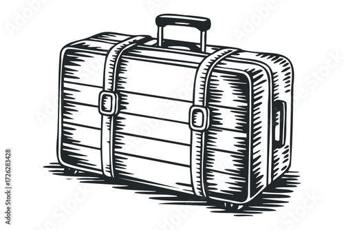 Vintage luggage with straps and handle. Vector hand drawn illustration