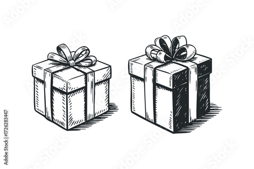 Two Hand Drawn Gift Boxes with Ribbons. Vector hand drawn illustration