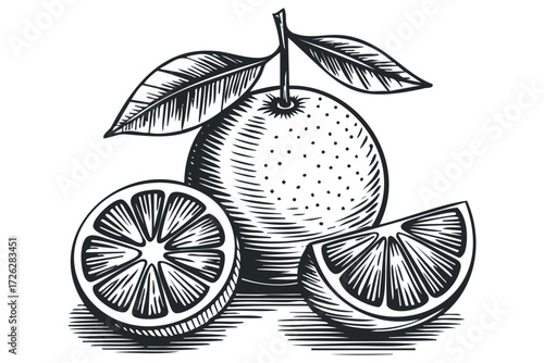 Whole and Sliced Oranges with Leaves and Stems. Vector hand drawn illustration