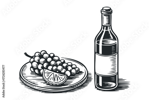 Still life with wine bottle, grapes, and lemon slice. Vector hand drawn illustration