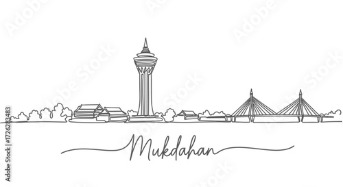 Mukdahan City Skyline One Line Drawing