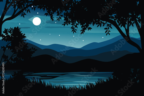 Silhouetted mountains and trees under a bright moonlit night sky