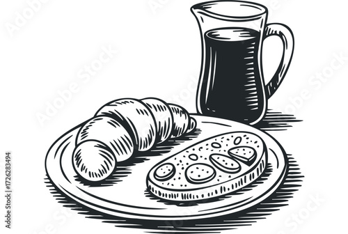 Croissant and Bread Slice with Drink. Vector hand drawn illustration
