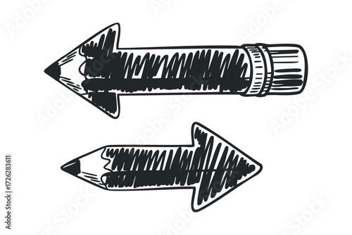 Hand-drawn pencil arrows pointing in opposite directions. Vector hand drawn illustration