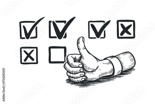 Hand with Thumb Up Near Checkboxes with Marks. Vector hand drawn illustration
