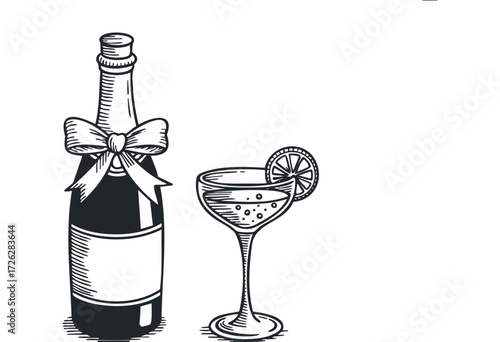 Sparkling wine bottle with bow and cocktail glass. Vector hand drawn illustration
