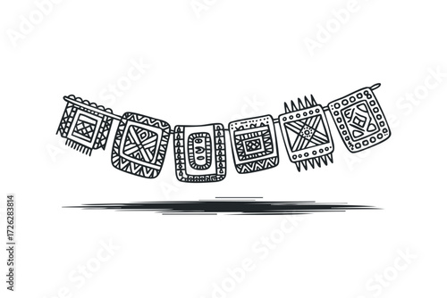 Ornate geometric textile flags strung together. Vector hand drawn illustration
