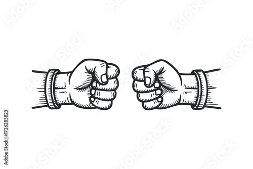 Two Fists Clenched Together in Hand Drawn Style. Vector hand drawn illustration