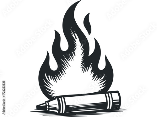 Burning crayon with stylized flame. Vector hand drawn illustration