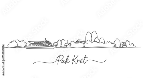 Continuous Line Drawing of Pak Kret Skyline with Boat