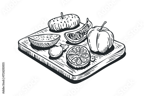 Still life arrangement of sliced citrus and produce on cutting board. Vector hand drawn illustration
