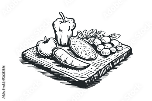 Hand Drawn Fruit and Vegetable Still Life on Cutting Board. Vector hand drawn illustration
