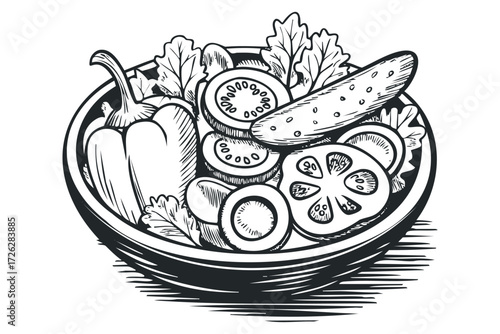 Fresh Salad Bowl Hand Drawn Sketch. Vector hand drawn illustration
