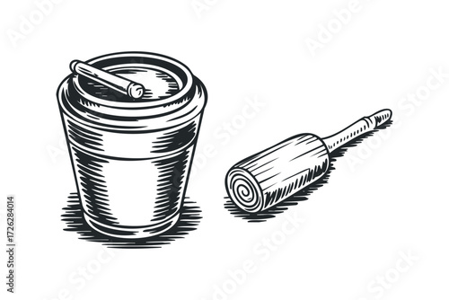 Stylized drawing of a coffee cup and rolling pin. Vector hand drawn illustration