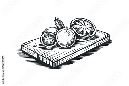 Oranges and leaves on a wooden cutting board drawing. Vector hand drawn illustration