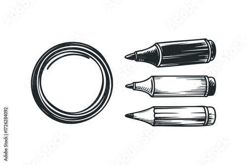 Three Marker Pens and a Circle Outline. Vector hand drawn illustration