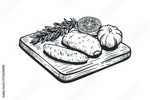 Hand drawn food preparation board with herbs and vegetables. Vector hand drawn illustration