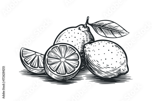 Group of Limes with Leaves and Slice. Vector hand drawn illustration