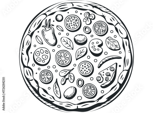 Hand drawn pizza with various toppings and crust. Vector hand drawn illustration