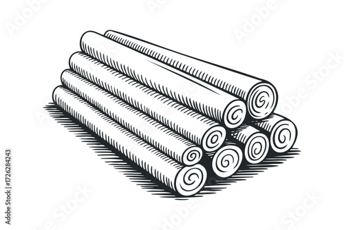 Stack of rolled parchment scrolls. Vector hand drawn illustration