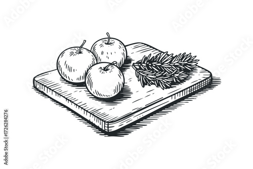 Three Apples and Pine Needles on Wooden Cutting Board. Vector hand drawn illustration