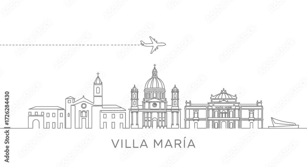 Fototapeta premium Villa Maria Skyline with Airplane and Boat Vector Art